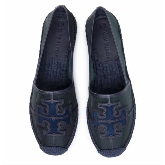 NIB Tory Burch Ines Espadrille Mesh Calf Leather Silk Suede Malachite Navy - Picture 3 of 6